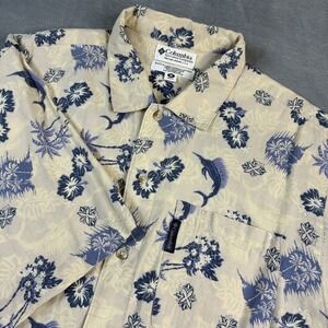 Columbia Mens Button Up Shirt Beige Tropical Print M Linen‎ Relaxed Short Sleeve